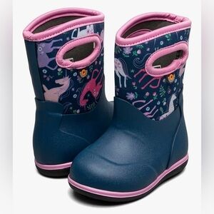 Bogs Kids' Unicorn Navy and Pink 100% Waterproof Rain & Snow Boots. Size 8.